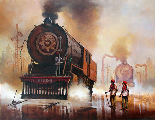 Locomotive 3, 46 x 34, Acrylic on Canvas  by Kishore Pratim Biswas