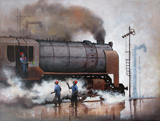 Locomotive 6, 46 x 34, Acrylic on Canvas  by Kishore Pratim Biswas