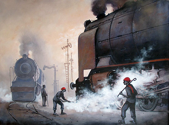 Locomotive 9, 46 x 34, Acrylic on Canvas  by Kishore Pratim Biswas