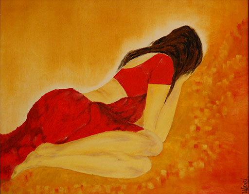 Emotion - Lady in Dreams, 26 x 35, Oil on Canvas  by Utpal Mazumder
