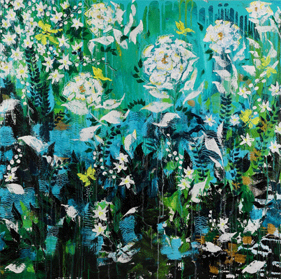 3. WHITE BLOSSOMS
   
Size: 48 “ X 48 
Incandescent butterflies play 
hide and seek amidst the 
turquoise garden
