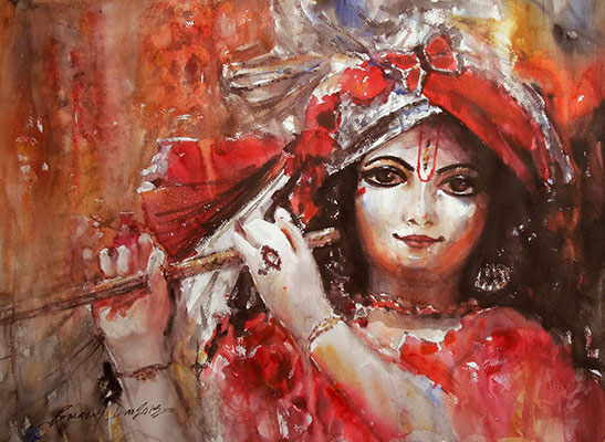 Lord Krishna, 22 x 30, Water Colour on Paper by Swaraj Das