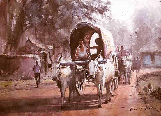 My Village, 22 x 30, Water Colour on Paper by Swaraj Das