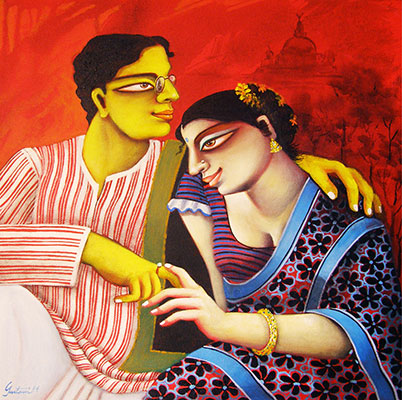 Couple, 22 x 22, Acrylic on Canvas by Gautam Mukherjee