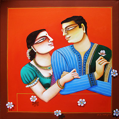 Couple, 24 x 24, Acrylic on Canvas by Gautam Mukherjee