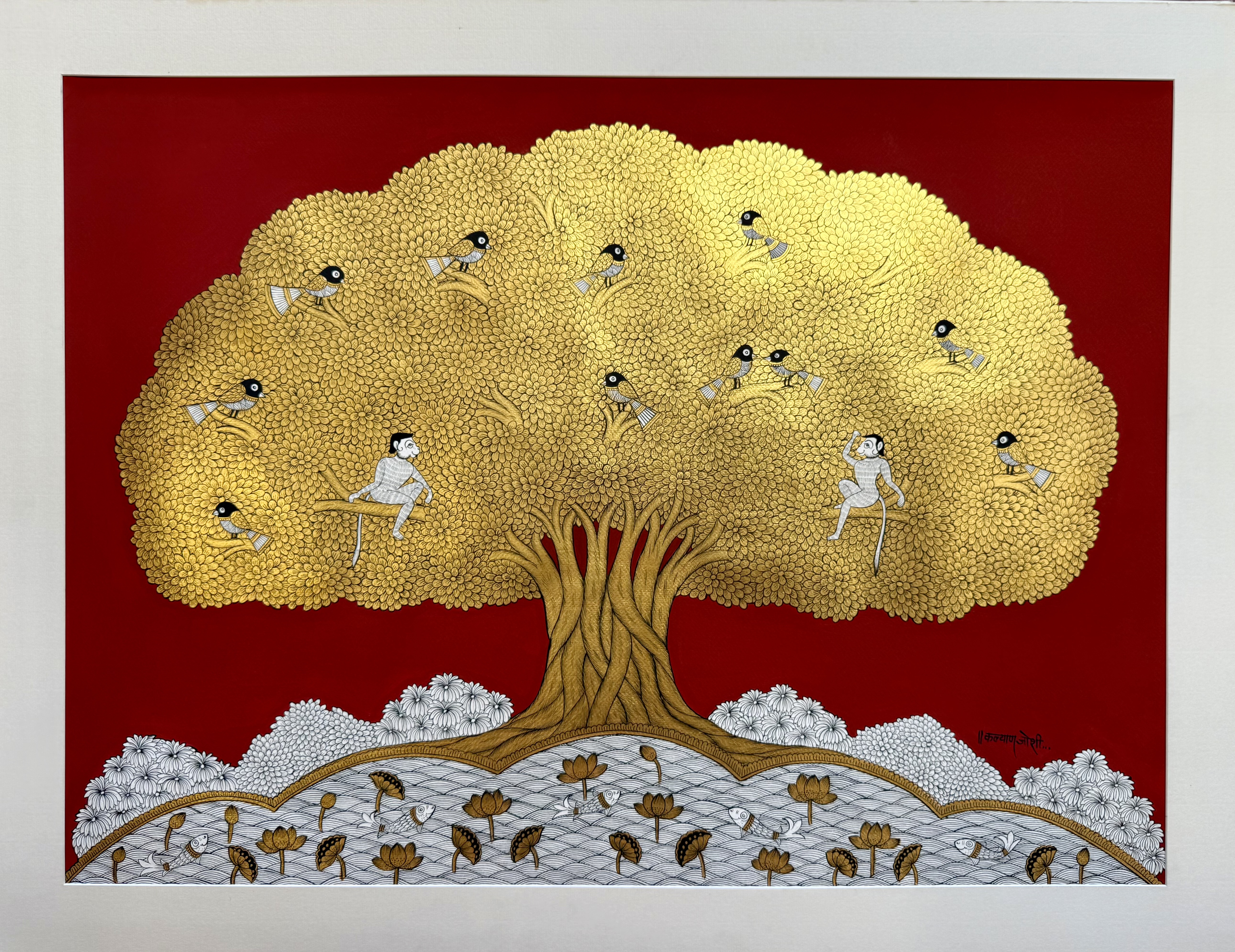 Kalyan Joshi, The Golden Banyan Tree (Red), 34 x 26 inches, natural pigments on paper, 2026 (1)