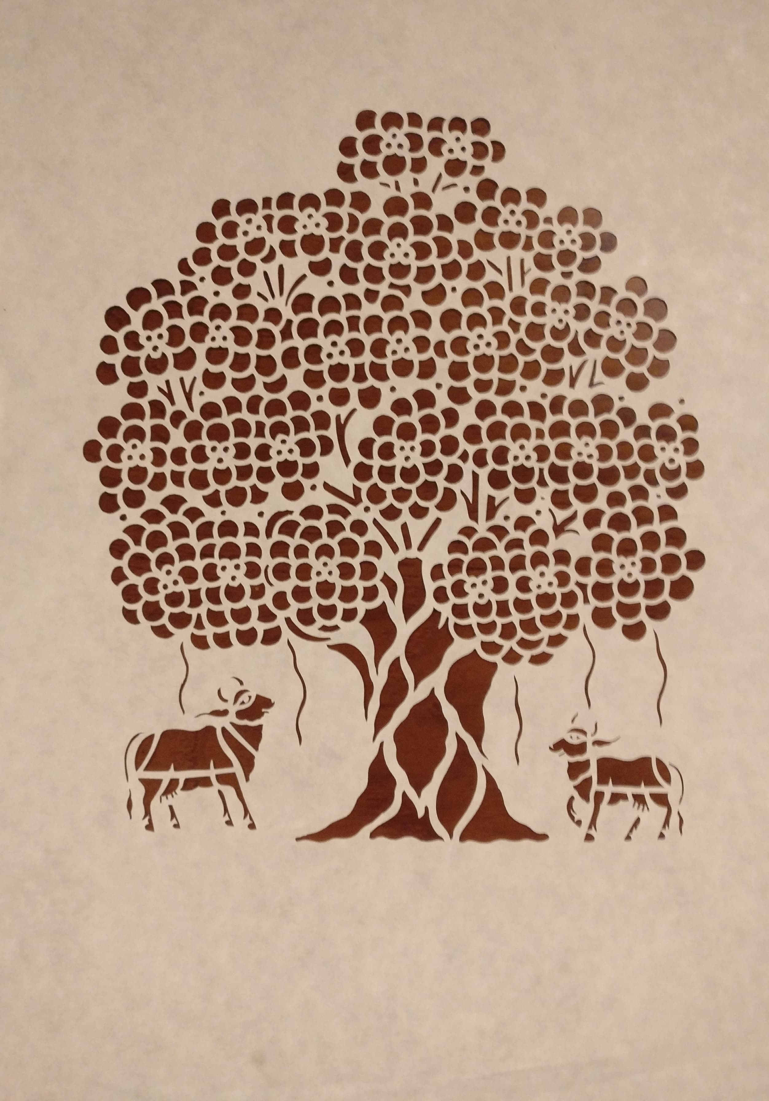 Mohan Verma, (2022) Tree of Life with Cows, stencilled paper, 14 x10 inches, 2025
