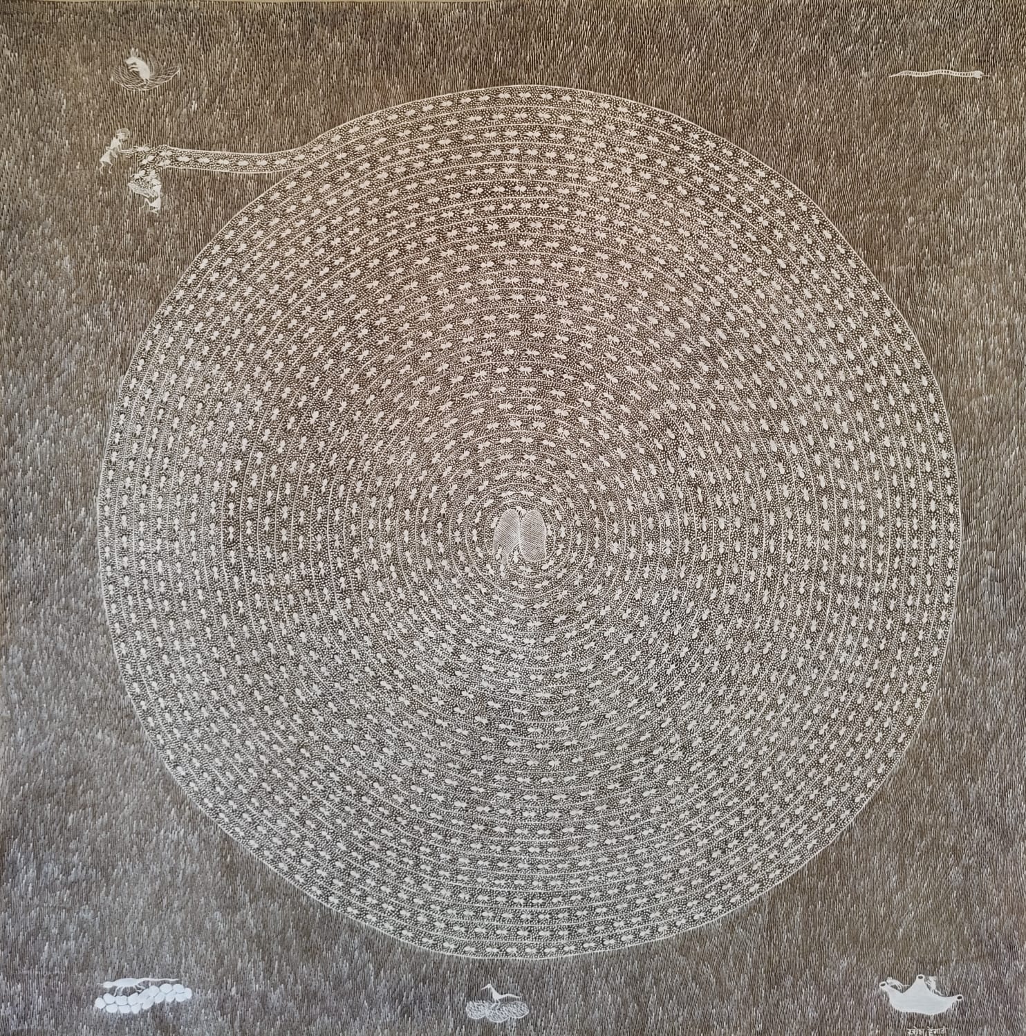 Ramesh Hengadi, Chitti Dharti par beej ka Jatan, 60 x 60 inches, fabric colours and cow dung on cotton cloth, 2026